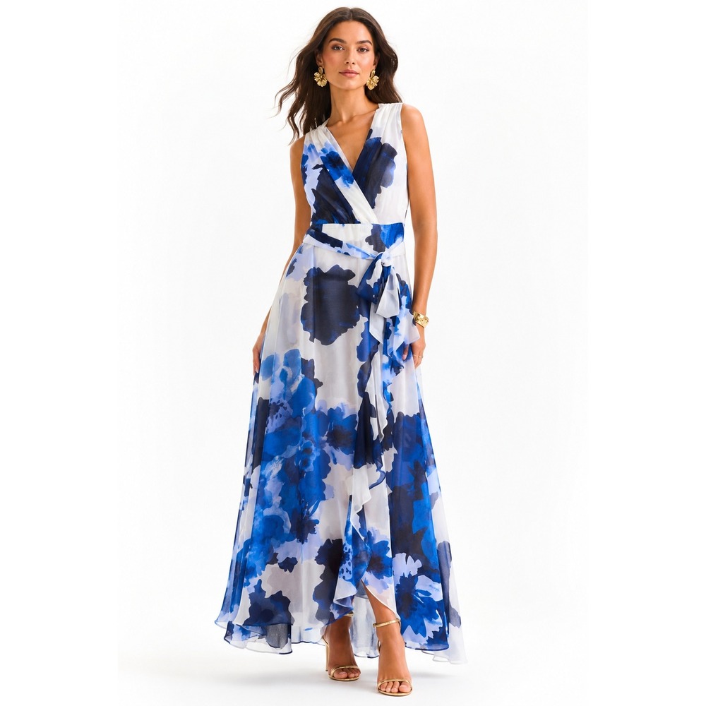Maggy‎ London Katniss Maxi Dress Blue White Floral V-Neck Tie-Waist Gown Size 6